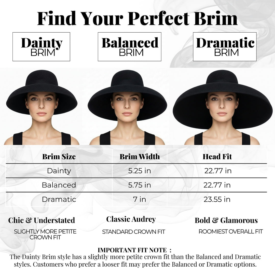 Holly Golightly Oversized Wool Hat – Audrey Hepburn Breakfast at Tiffany’s Inspired with three black brim sizes shown on a model