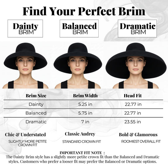 Holly Golightly Oversized Wool Hat – Audrey Hepburn Breakfast at Tiffany’s Inspired with three black brim sizes shown on a model