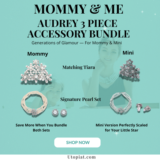 Mommy & Me Holly 3-Piece Accessories Set – Audrey-Inspired Matching Necklace, Earrings & Tiara for Halloween & Timeless Family Glam