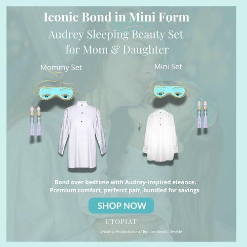 Mommy & Me Holly Iconic Sleep Set – Audrey-Inspired Matching Nightwear with white nightshirts, blue sleep masks, and purple tassel earrings