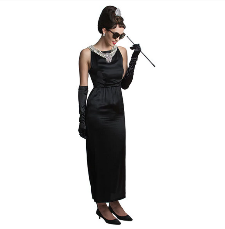 Audrey in a Bag- Premium Quality Iconic Holly Golightly Audrey Hepburn Complete Black Satin Dress Costume Set