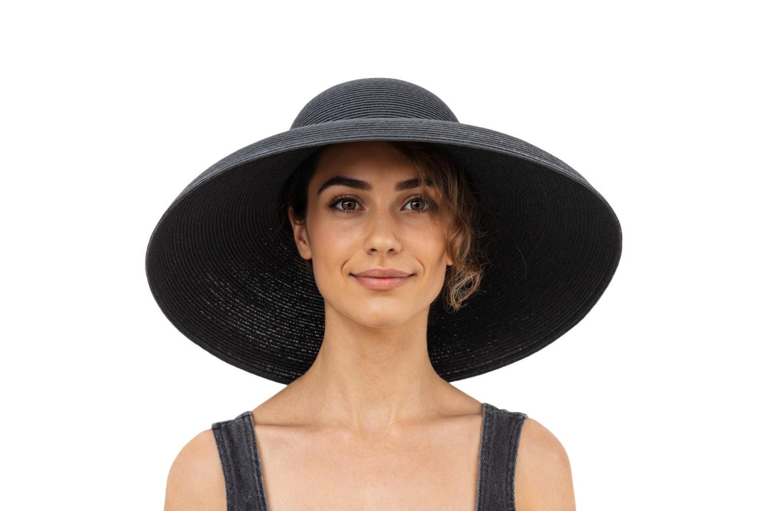 MIU Premium Black Straw Sun Hat for Women – Adjustable Fit with 3 Brim Sizes & Custom Scarf Options | Audrey Hepburn Inspired Wide Brim Hat for Weddings, Halloween & Summer Elegance