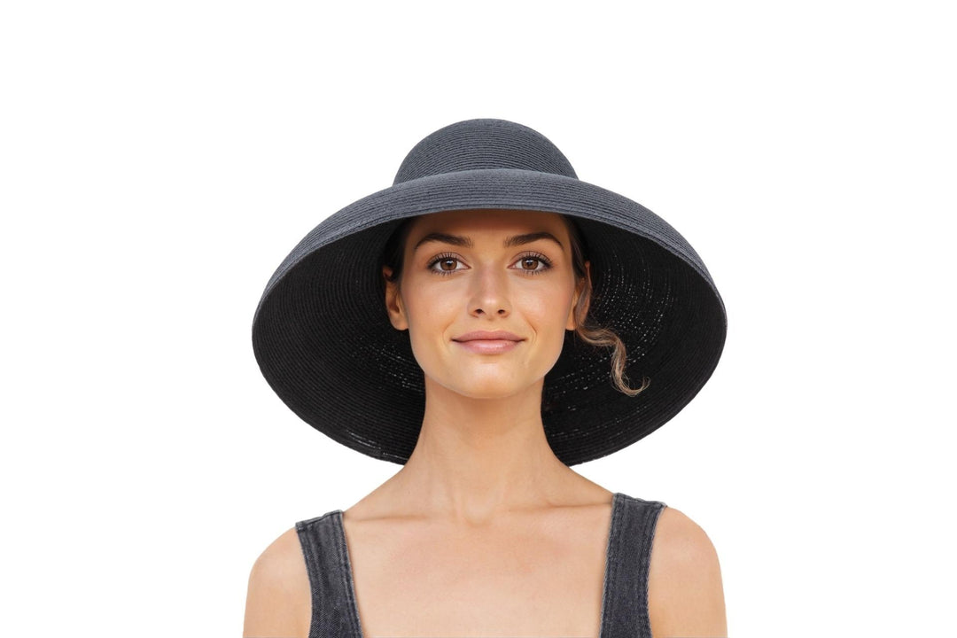 MIU Premium Black Straw Sun Hat for Women – Adjustable Fit with 3 Brim Sizes & Custom Scarf Options | Audrey Hepburn Inspired Wide Brim Hat for Weddings, Halloween & Summer Elegance