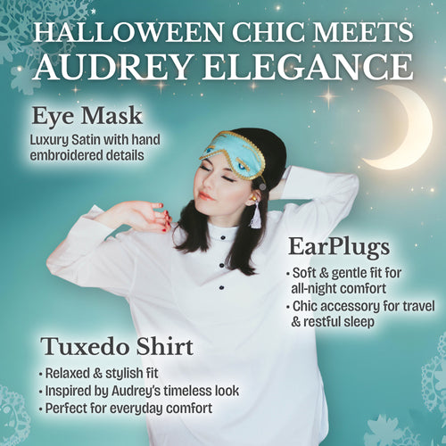 Woman wearing a tuxedo shirt and tassel earplugs relaxing with eye mask, showcasing Audrey in a Bag Premium Sleep Costume Set with Tassel Earplugs – Inspired by BAT | One-Size Loungewear for Halloween & Everyday Glam.