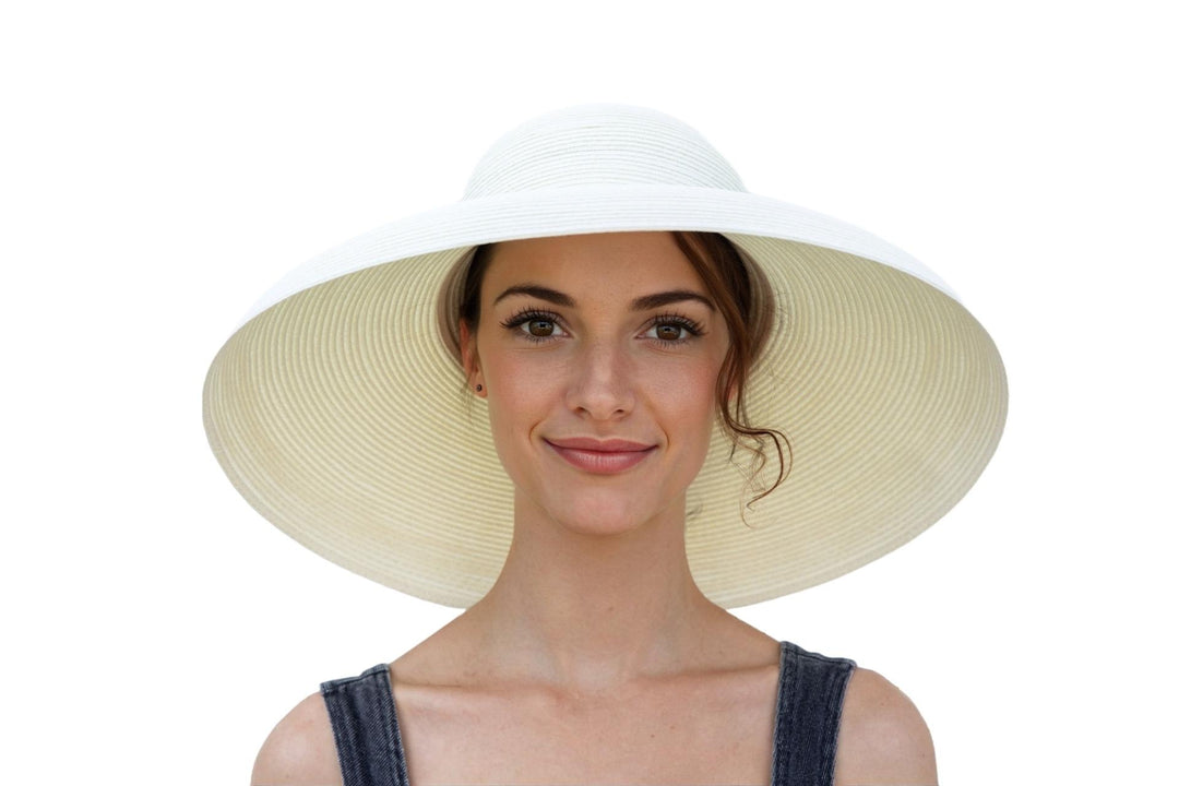 MIU Audrey Hepburn Inspired Wide Brim Straw Sun Hat for Women – Adjustable Off-White Hat with Multiple Brim Sizes & Scarf Options | Weddings, Halloween Costumes & Summer Elegance