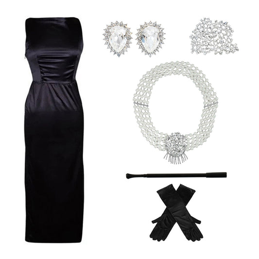 Holly Gift Boxed Premium 5 Piece Satin Dress & Accessories Set Inspired By Breakfast At Tiffany’s - Utopiat