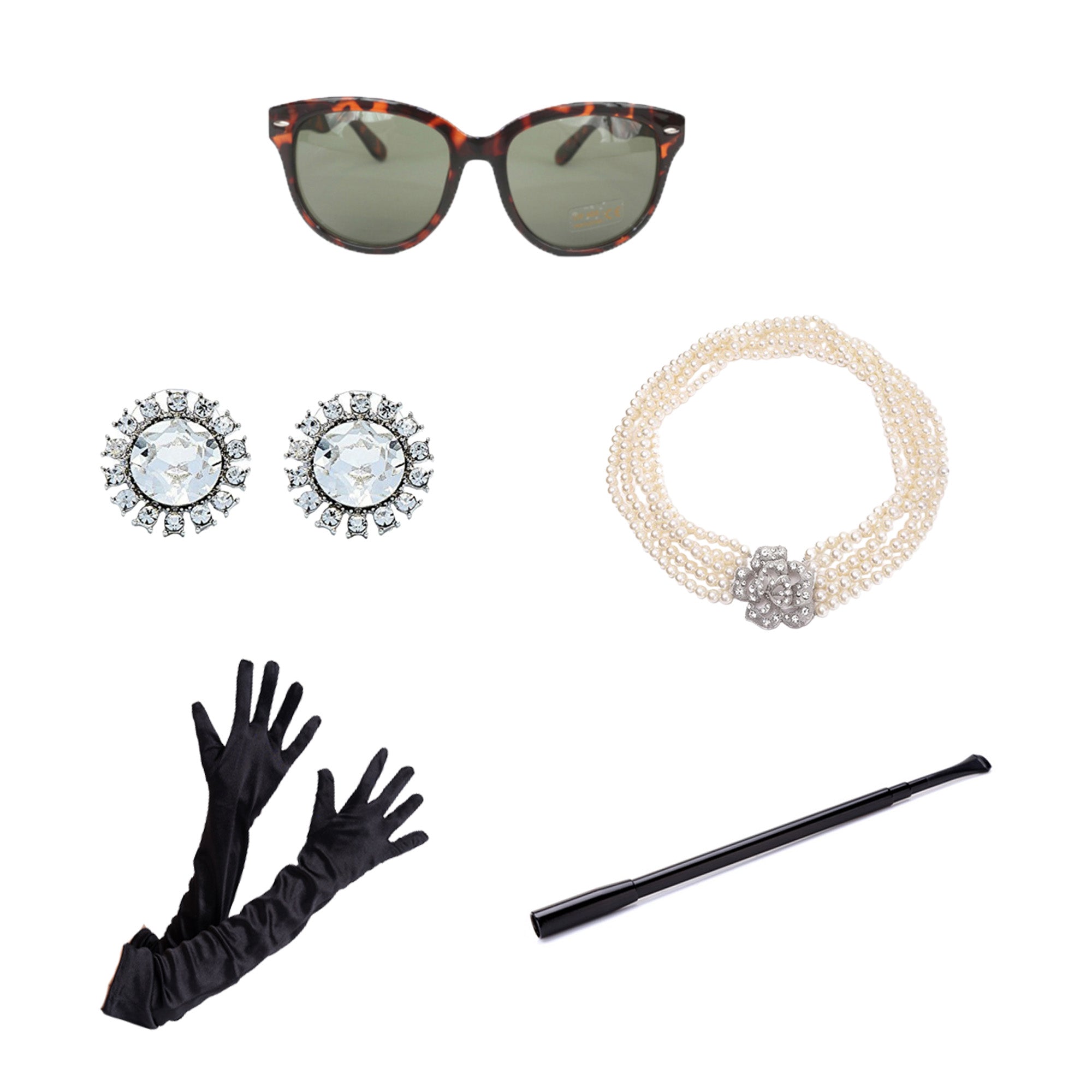 Hudiefly, Audrey Hepburn-the Breakfast at Tiffany's Costume Black Earrings  & Cat-eyed Tortoiseshell Sunglasses Accessories Set