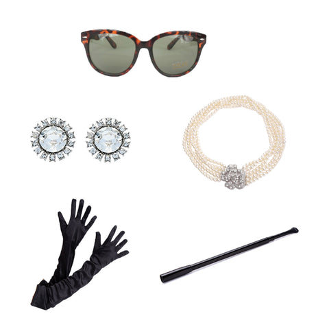 Holly Golightly Halloween Costume 5 Piece Jewelry and Accessories Set Tiara Necklace Earrings Long Satin Gloves Functional Cigarette Holder