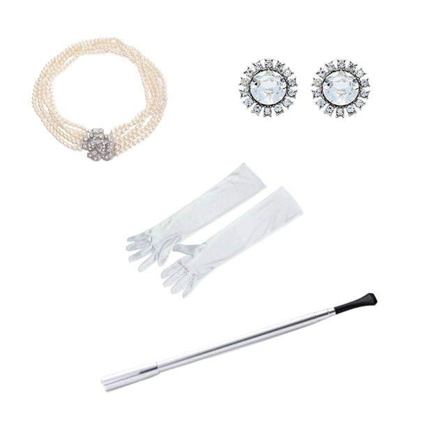 Classic Hollywood Holly Golightly Halloween Costume Set for Women 5 Tiere Faux Pearl Necklace, Faux Silver Earrings, White Satin Opera Gloves and Long Functional Extendable Cigarette Holder