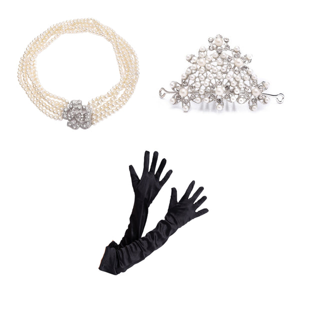Holly Golightly Costume Women Accessories for Halloween 5 Strand Faux Pearl Necklace with Flower Pendant Faux Pearl Crown Tiara and Long Black Satin Opera Gloves