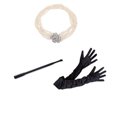 Holly Golightly Costume Women Accessories Set for Halloween Fancy 5 Strand Pearl Necklace with Flower Pendant Functional Long Extendable Cigarette Holder and Long Black Opera Satin Gloves