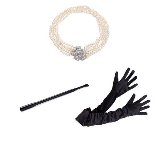 Holly Golightly Costume Women Accessories Set for Halloween Fancy 5 Strand Pearl Necklace with Flower Pendant Functional Long Extendable Cigarette Holder and Long Black Opera Satin Gloves - Utopiat