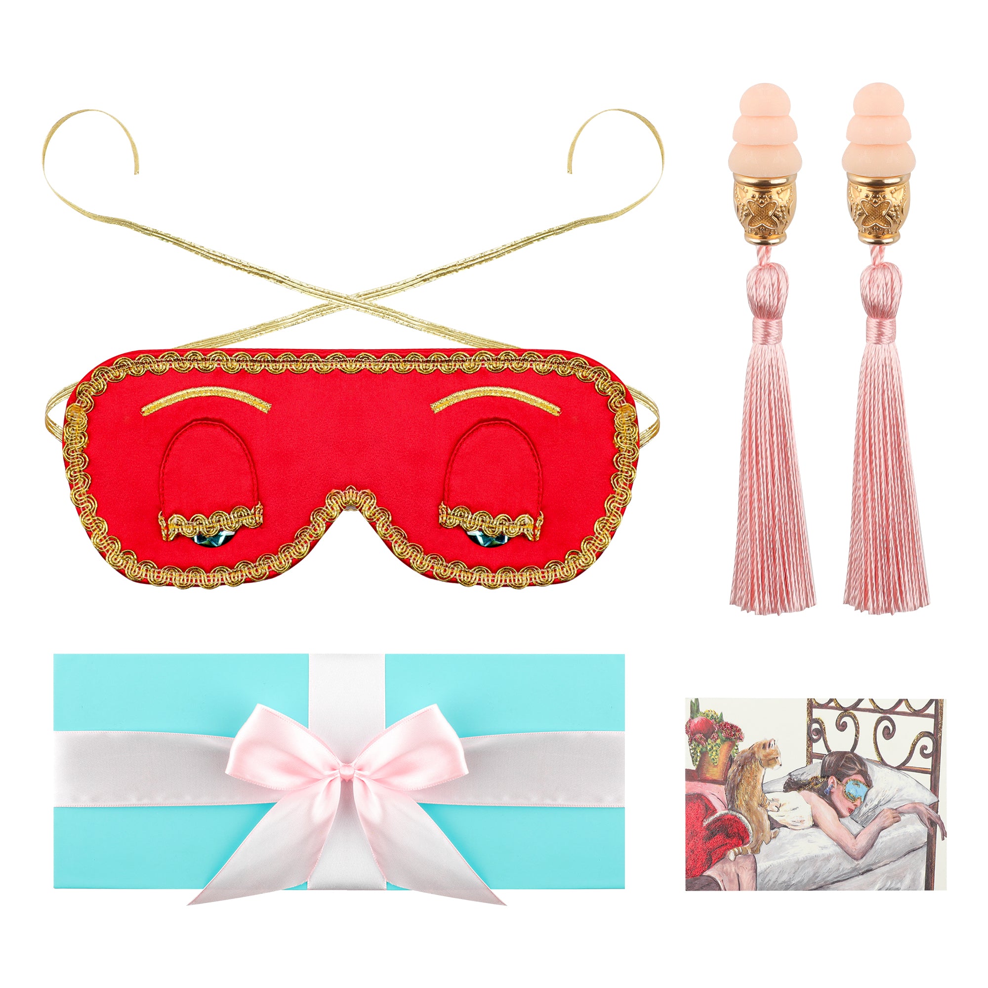 Sleepy Valentine-The Red Silk Eye Mask+Pink Tassel Earplug Gift Box Set with Audrey Greeting Card - Utopiat