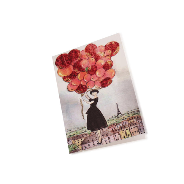 Birthday Greeting Card - Audrey + The Red Balloons above Parisian skyescape - Utopiat