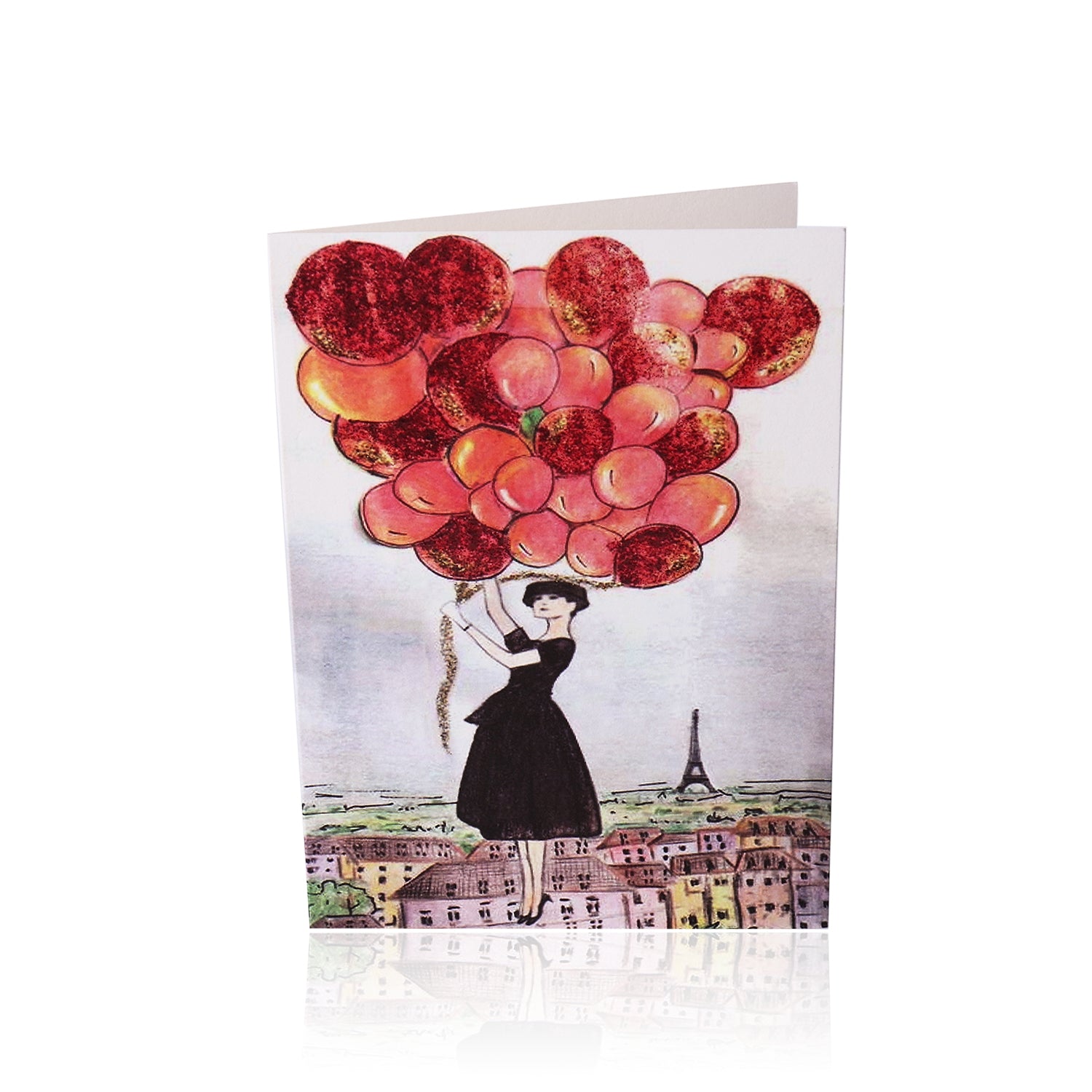 Birthday Greeting Card - Audrey + The Red Balloons above Parisian skyescape - Utopiat