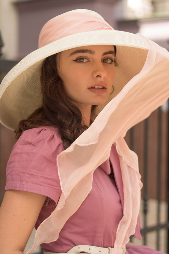 Miu Oversized Holiday White Straw Hat with 100% Silk Chiffon Scarves - Utopiat