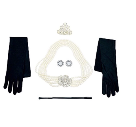 Holly Golightly Mini 5 Piece Pearl Jewelry Costume Flapper Set with Clip On Earrings Inspired by Audrey Style