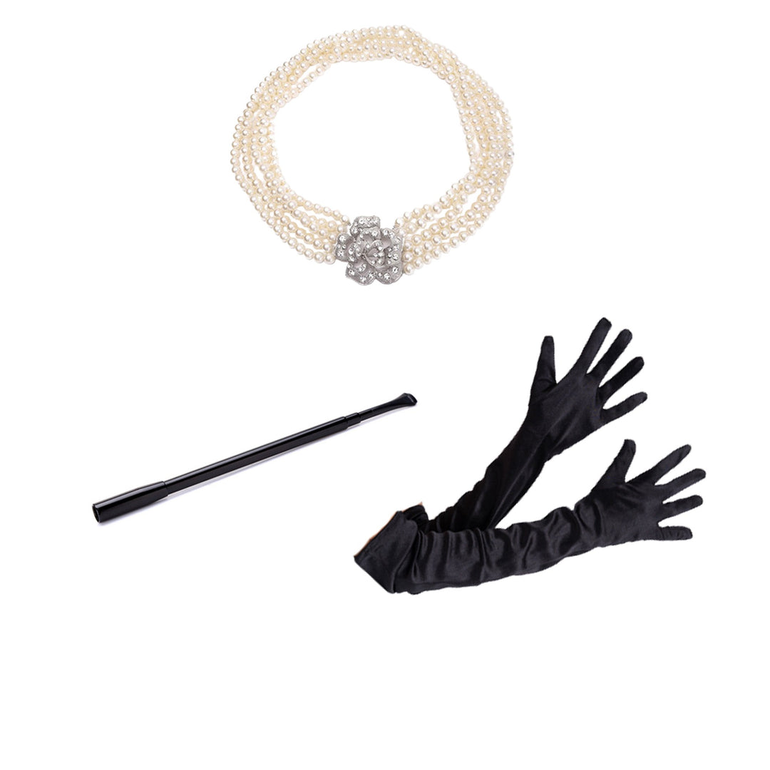 Holly Golightly Costume Women Accessories Set for Halloween Fancy 5 Strand Pearl Necklace with Flower Pendant Functional Long Extendable Cigarette Holder and Long Black Opera Satin Gloves (Rental) - Utopiat