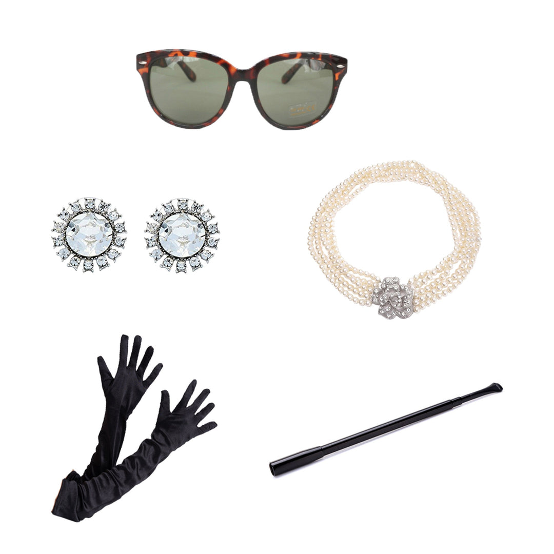 Holly Golightly Halloween Costume 5 Piece Jewelry and Accessories Set Tiara Necklace Earrings Long Satin Gloves Functional Cigarette Holder (Rental) - Utopiat