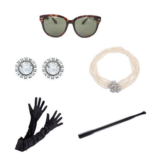 Holly Golightly Halloween Costume 5 Piece Jewelry and Accessories Set Tiara Necklace Earrings Long Satin Gloves Functional Cigarette Holder (Rental) - Utopiat