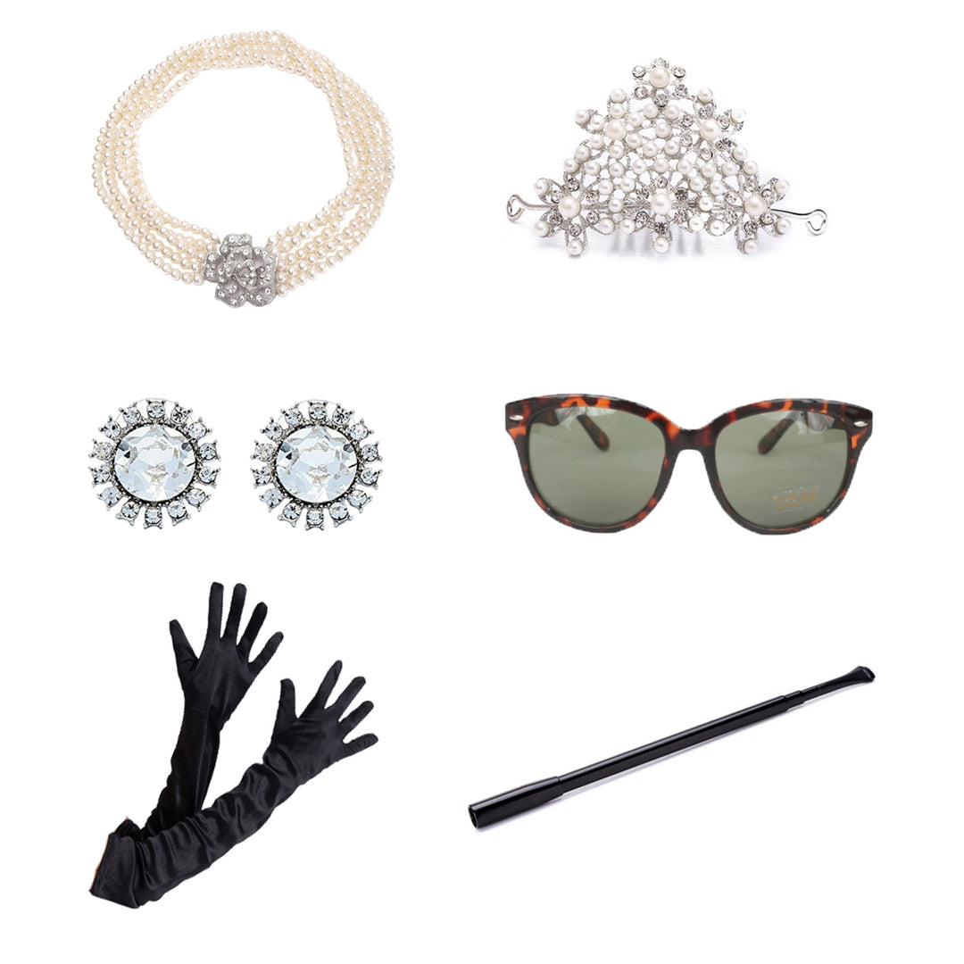 Holly Golightly Halloween Costume 6 Piece Jewelry and Accessories Set Tiara Necklace Earrings Long Satin Gloves Functional Cigarette Holder Sunglasses (Rental) - Utopiat