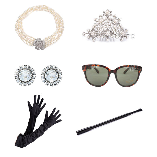 Holly Golightly Halloween Costume 6 Piece Jewelry and Accessories Set Tiara Necklace Earrings Long Satin Gloves Functional Cigarette Holder Sunglasses (Rental) - Utopiat