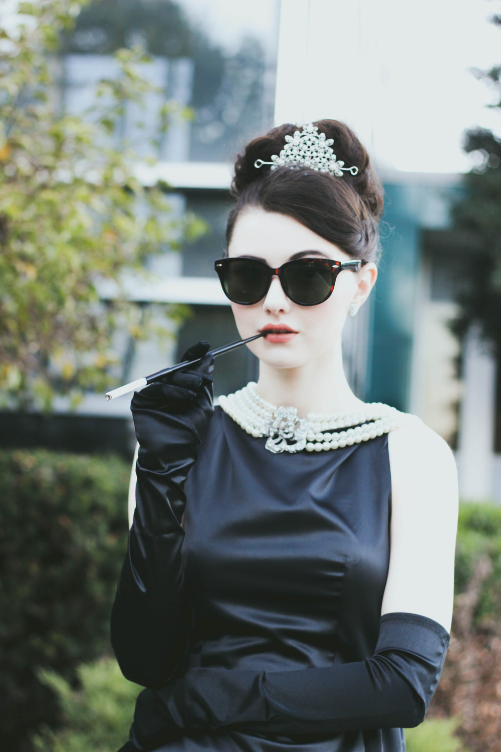 Audrey in a Bag- Premium Quality Iconic Holly Golightly Audrey Hepburn Complete Black Satin Dress Costume Set - Utopiat