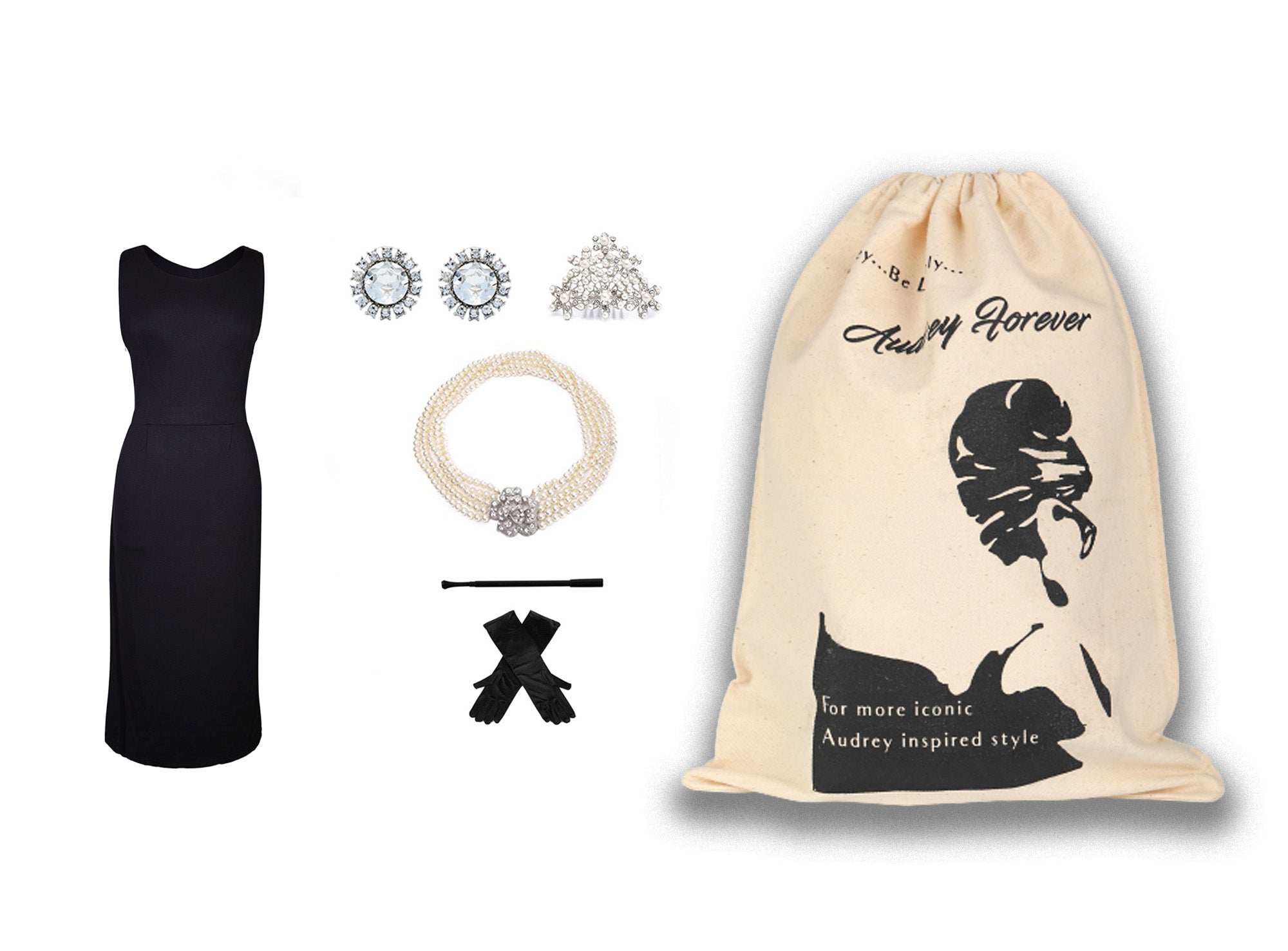 Audrey in a Bag- Premium Quality Iconic Holly Golightly Audrey Hepburn Complete Black Cotton Dress Costume Set - Utopiat