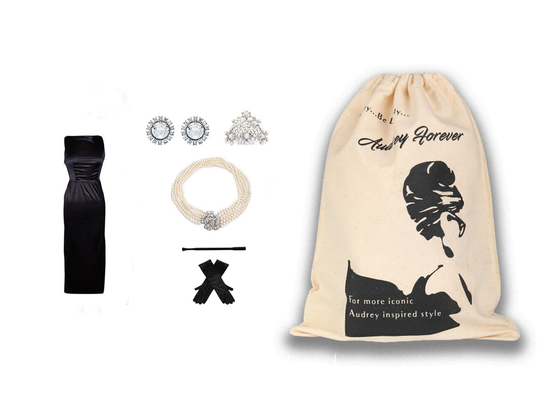 Audrey in a Bag- Premium Quality Iconic Holly Golightly Audrey Hepburn Complete Black Satin Dress Costume Set - Utopiat