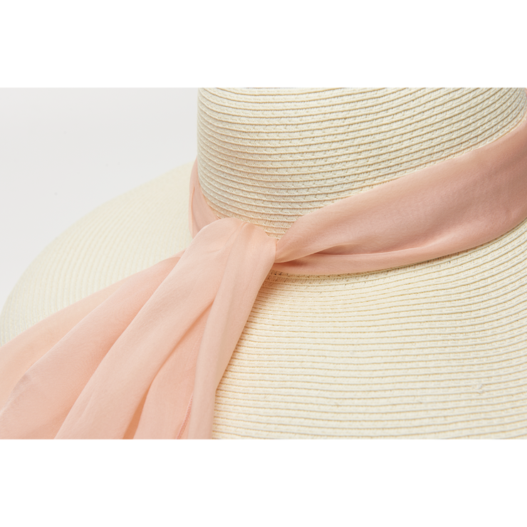 Miu Oversized Holiday White Straw Hat with 100% Silk Chiffon Scarves